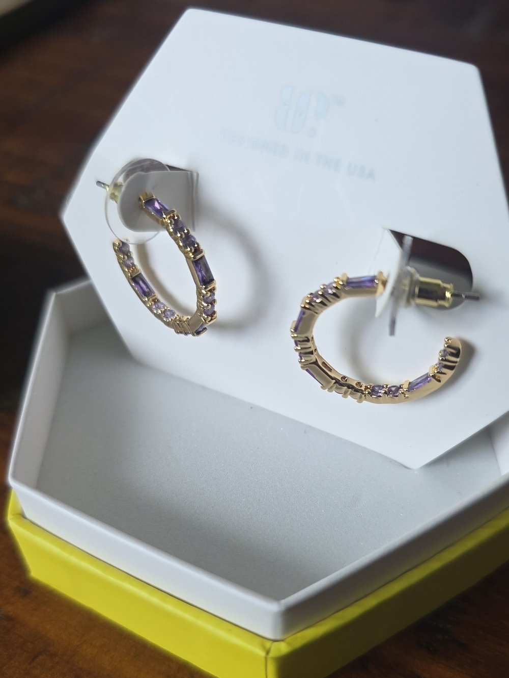 Gold Hoop Earrings with Purple Stone Accents - Women Jewelry